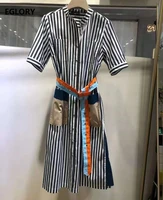 high quality striped dress 2021 summer style women color block pocket patchwork short sleeve mid calf casual long shirt dress
