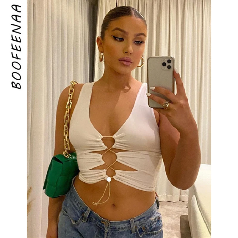 BOOFEENAA сексуальный летний топ женская уличная мода Cut Out Drawstring повязки безрукавки