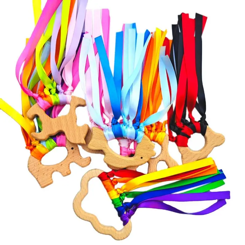 

Rainbow Natural Wooden Ribbon Ring Waldorf Toys Baby Teether Newborn Sensory Toy 54DF