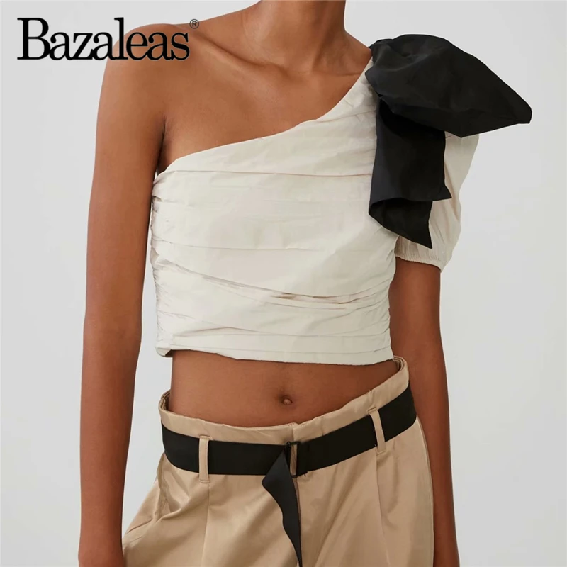 Bazaleas сексуальный черный бандаж лук обрезанный камзол шик крем рюшами кроп Топы