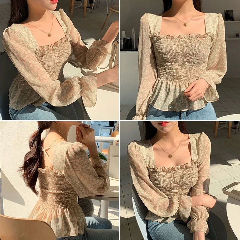 

Women's Floral Print Square Collar Sweet Chiffon Shirt Blousel 2021