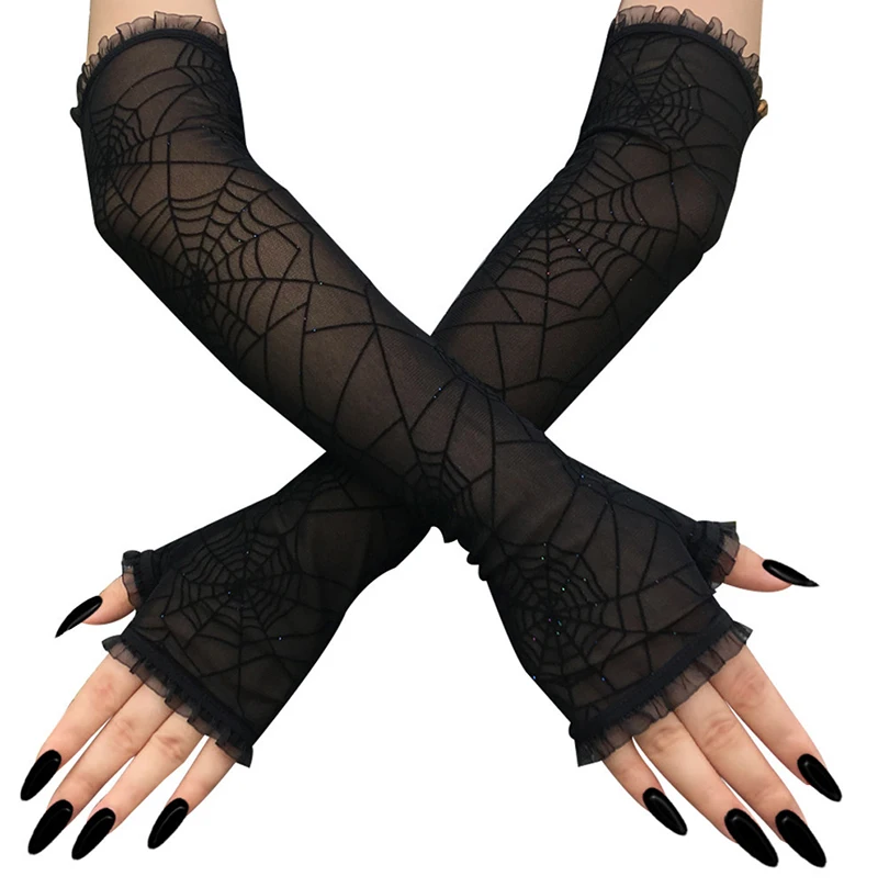 

Cobweb Gloves Half Finger Net Yarn Sequins Halloween Lace Gloves Stretchy Mesh Floral Fancy Dress Halloween Cosplay