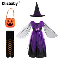 2021 halloween carnival children purple witch costume girls vampire dress role play performance dress up hat pumpkin candy bag