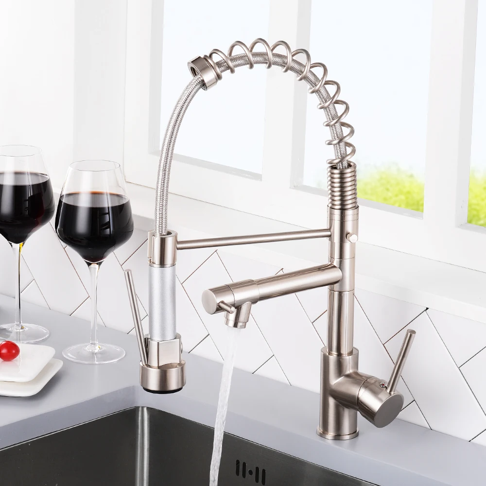 brushed nickel spring pull down kitchen sink faucet hot cold water mixer faucets double outlet deck mounted 360 swivel handle free global shipping