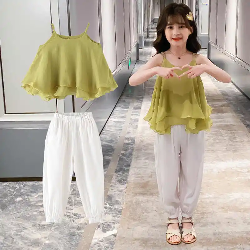 

Kids Clothing for Girls Chiffon Vest Tops + Pants 2pc set summer 2021Teenage Girl Boutique Outfits Children Clothes Suits