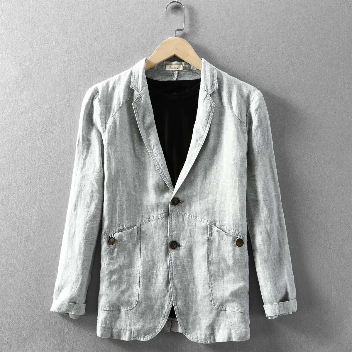 

2021 men's pure linen thin blazers two buttons blue gray loose style lapel casual suits men autumn jacket for male