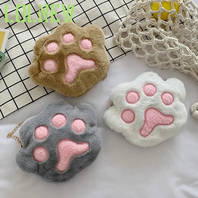 Cute Bear Paw Girls Chain Zipper Shoulder Bag Lovely Children's Soft Plush Coin Purse Women Baby Small Crossbody Bags images - 6