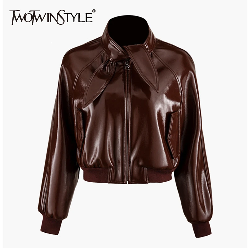 TWOTWINSTYLE повседневные Куртки из искусственной кожи для женщин водолазка фонарь с длинным рукавом на шнуровке пальто Женская мода одежда