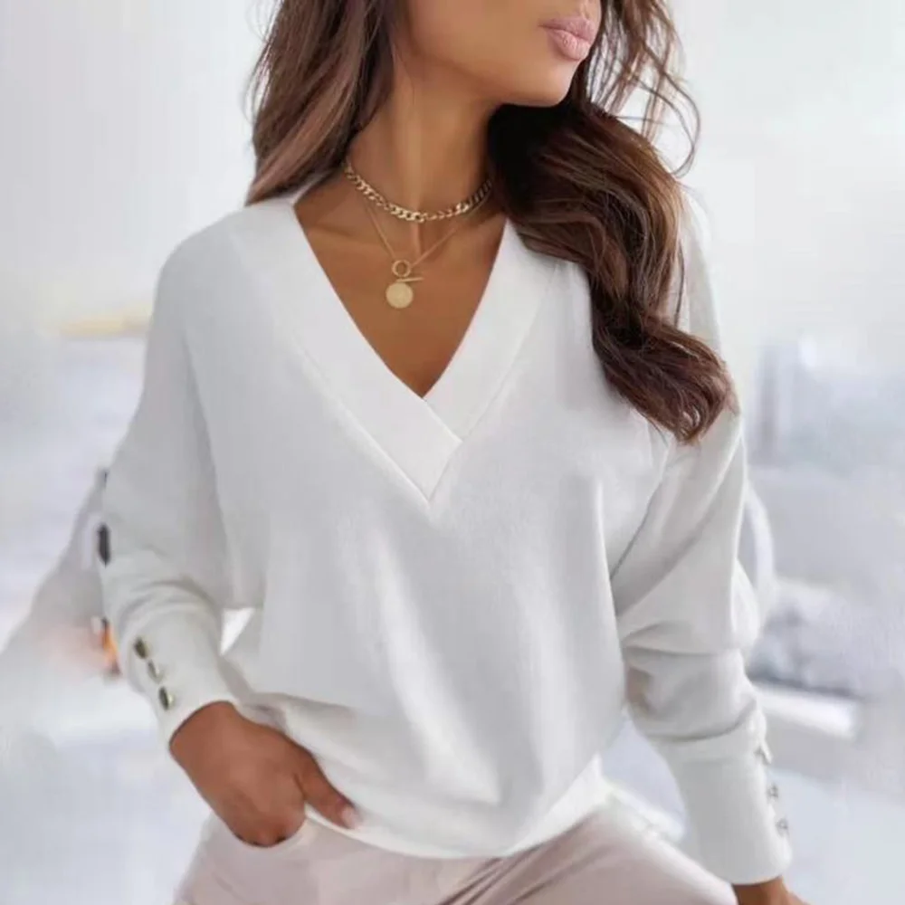

Western Style Sweater Spring Autumn The New Fashion Loose Simple Thin Best Sellers Button V-neck Solid Color Long Sleeve