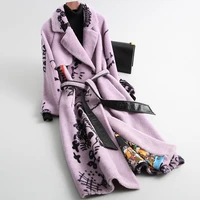 elegant printing thick turn down collar winter long woolen warm real fur plus size coat slim jackets high quality lilac outwear