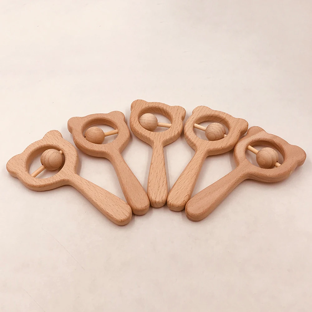 

Baby Teether Toy Bear Shape Wooden Hand Grip Teether Rattle Bell Baby Chew Beads Teething Toy