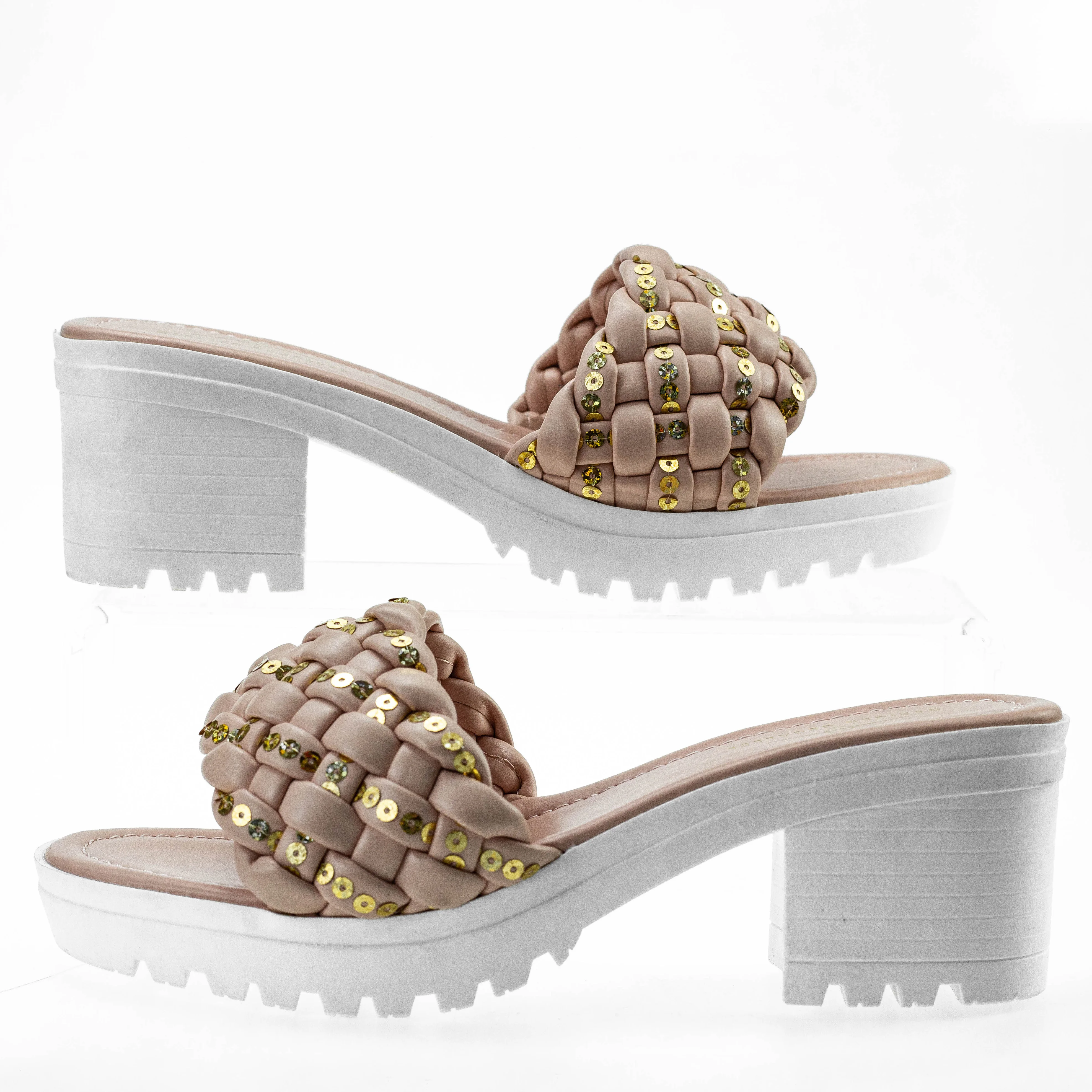 Plus Size 41 Women Summer Shoes 106-4 Sequined Open Toe Mules Sandals Ladies Dress Pumps Heels Square Heel Chunky Sandals Women