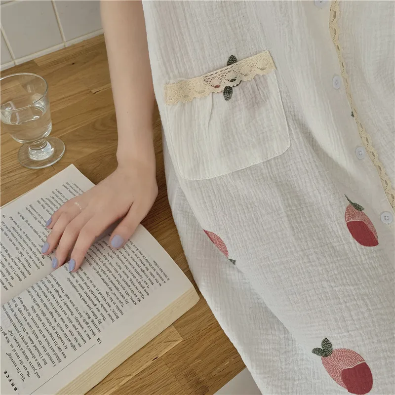 

summer nightgown peach print sweet gauze 100% cotton single breasted cardigans dress homewear lacework breathable ruffles Y938