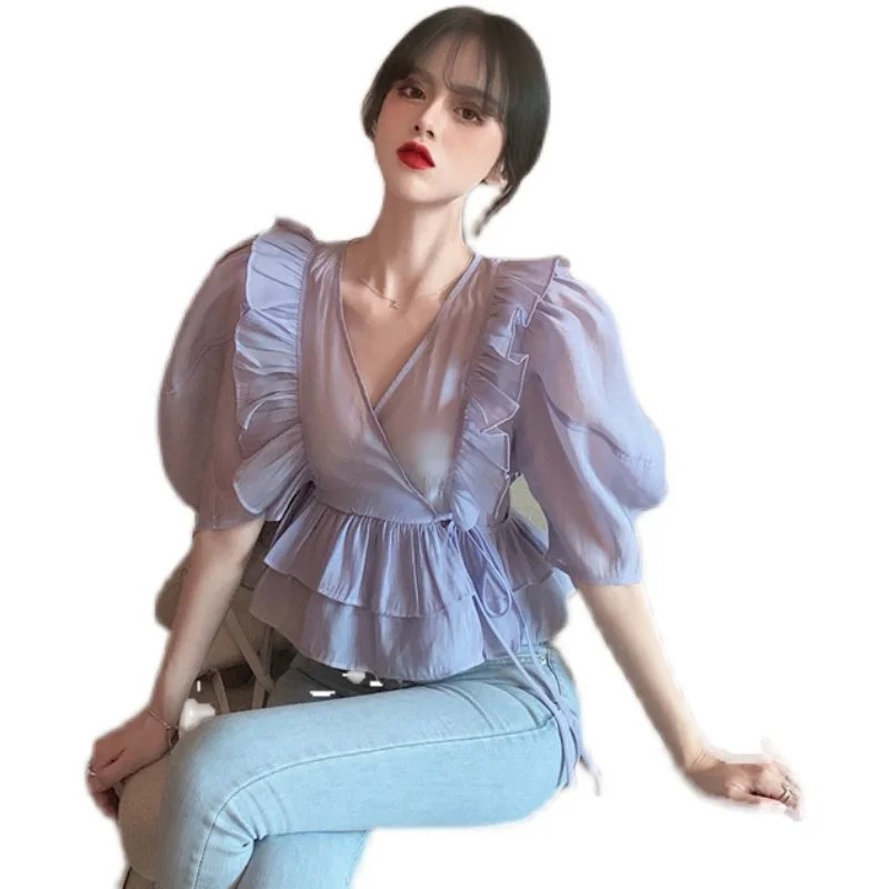 

Top Women's Korean-Style Perspective Design Sense Niche Short Chiffon Shirt V-neck Flounce Lace-up Shirt/T-shirt Trendy Ins