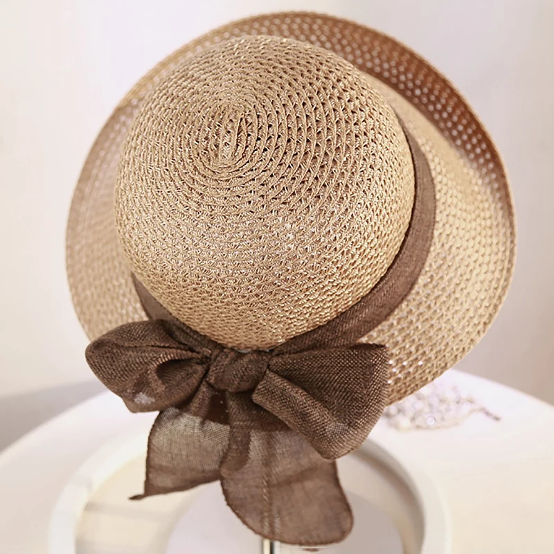Шляпа от солнца Соломенная женская шляпа с большими полями и бантом складная