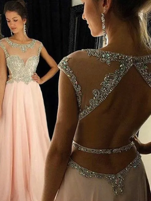 

Sexy O-Neck A-Line Long Pink Chiffon Evening Dress with Pockets Floor Length Open Back Beaded Formal Party Dress for Women