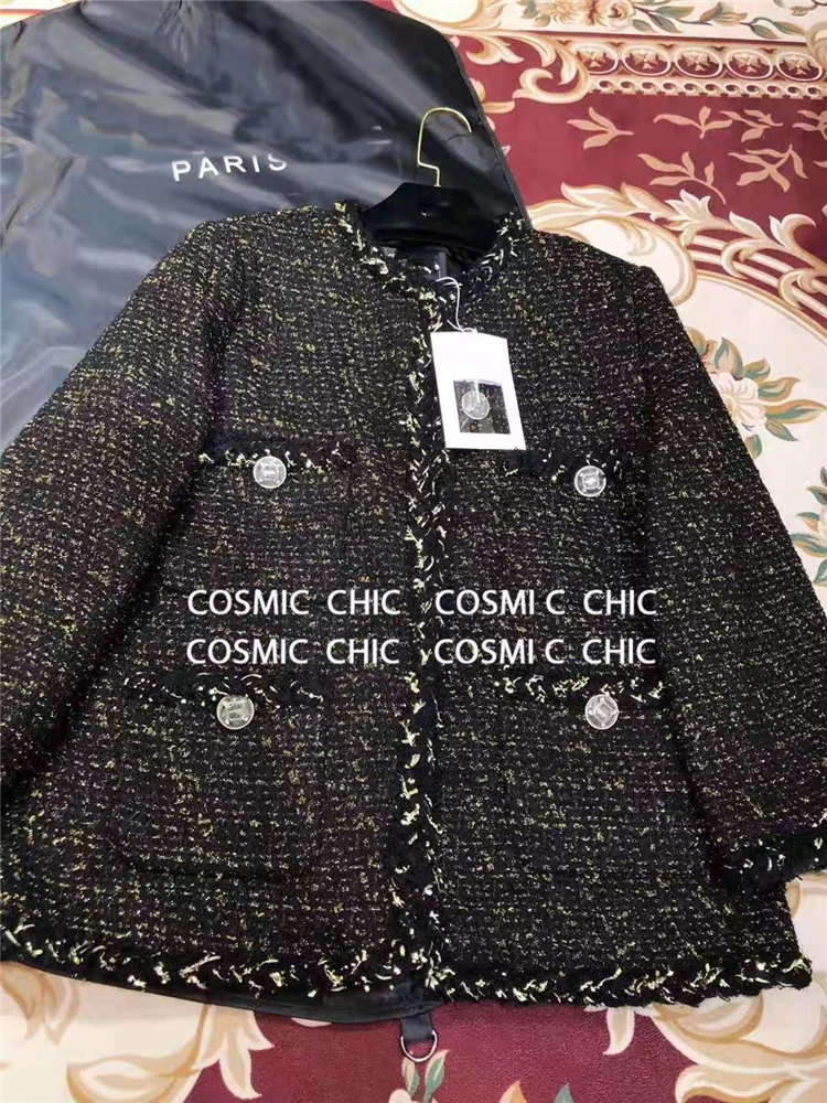 Cosmicchic, женское осеннее Элегантное Черное короткое пальто, роскошная шерстяная твидовая куртка с длинным рукавом, золотая нить, плетение, OL, Женская куртка