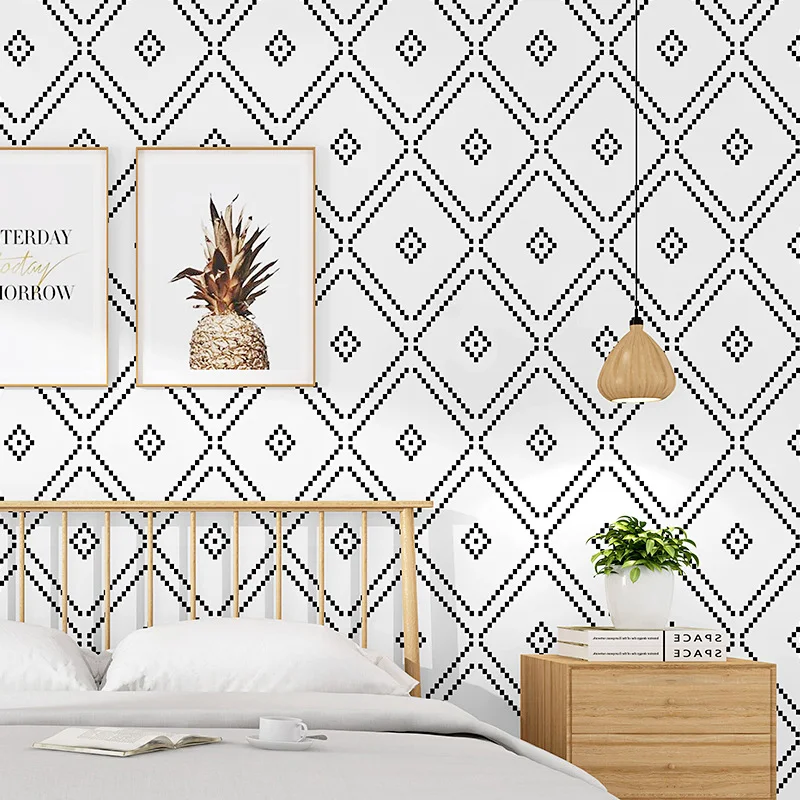 

Nordic style wallpapers ins TV background black white lattice rhombus bedroom living room modern minimalist homestay wallpaper