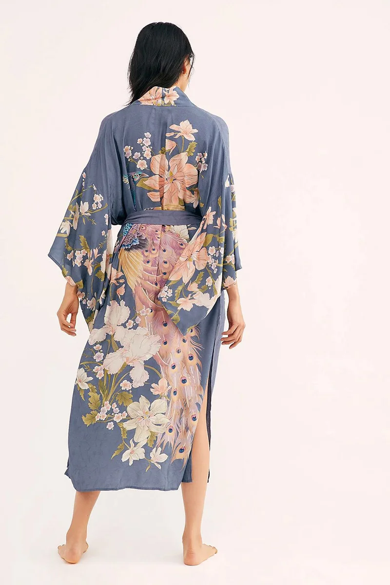 

Fitshinling Flare Sleeve Beach Kimono With Sashes Side Split Print Pockets Slim Long Cardigan Holiday Cover-Up Autumn Outing New