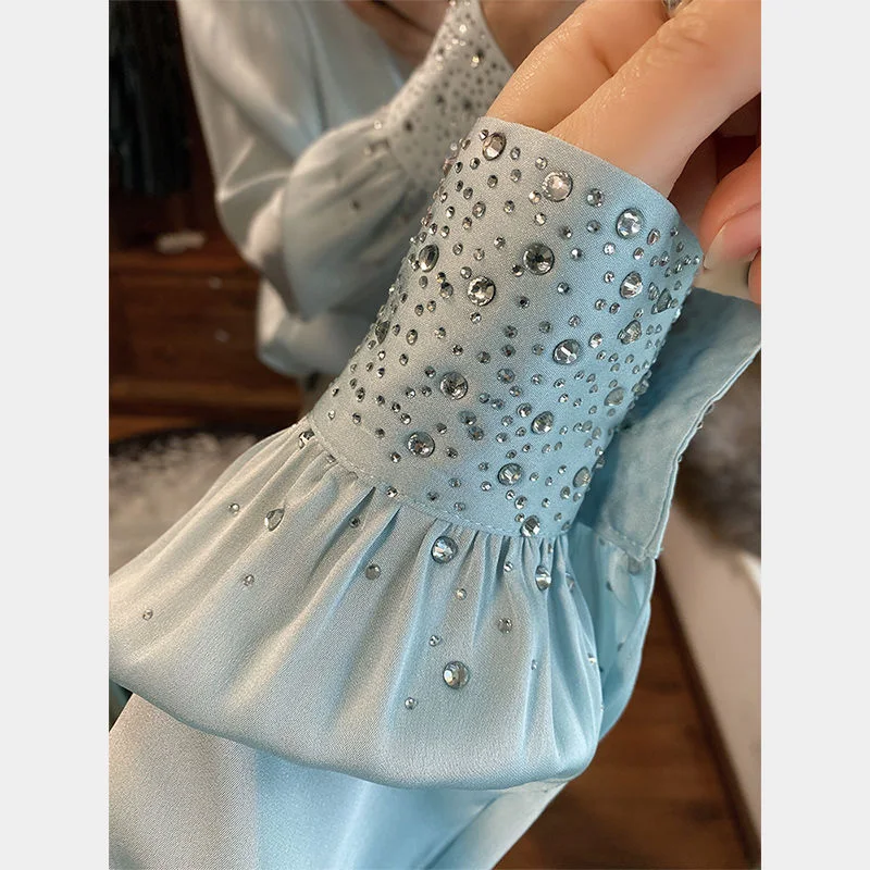 

2021 Spring Autumn New Women Diamond Tops Shirts Fashion Elegant Long Sleeve Thin Female Shirts Lantern Sleeve Shirts LJ3175