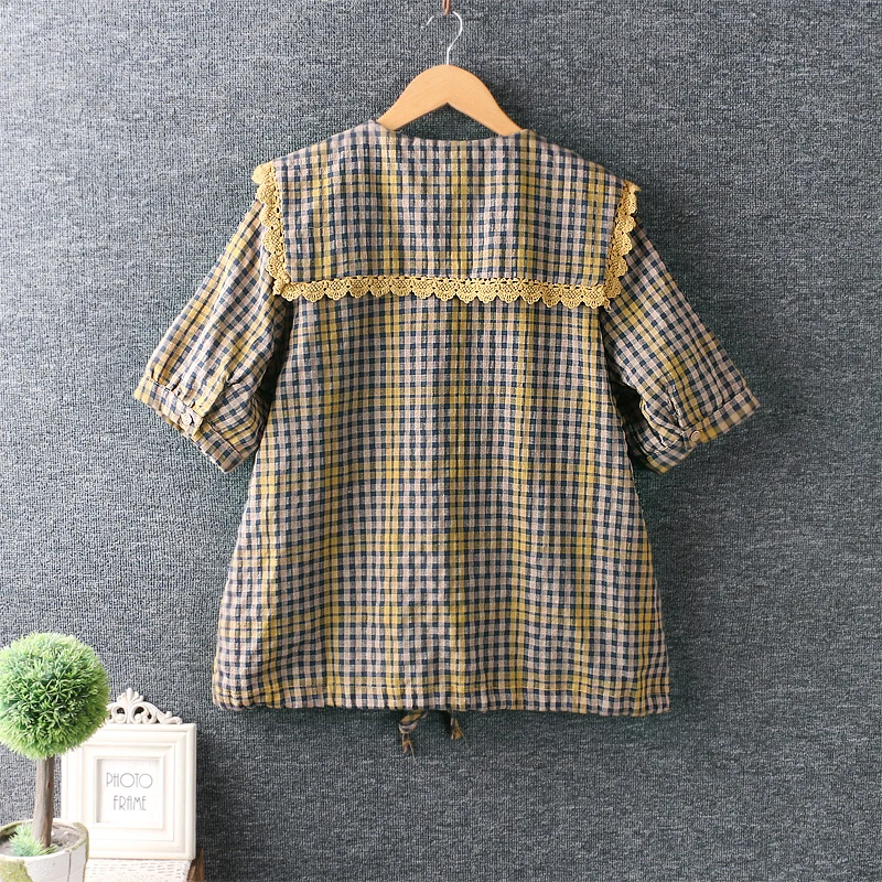 

New summer shirt women tops fresh sailor collar Plaid short sleeve tops casual wear