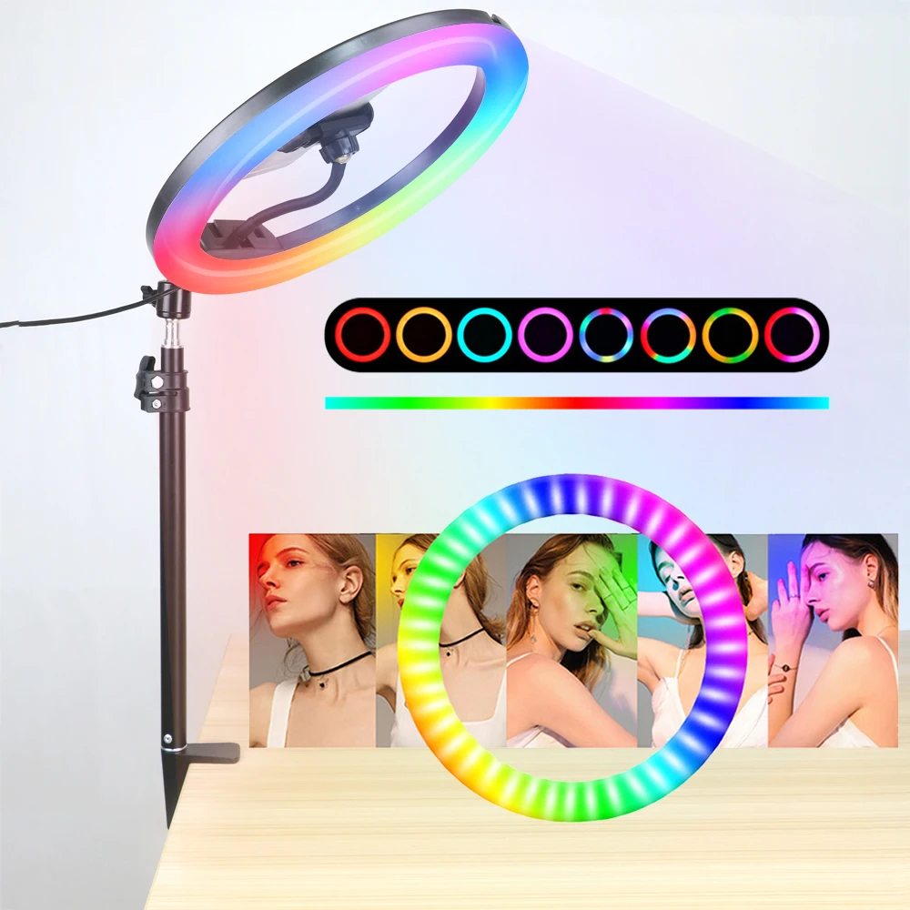

Video Lights Selfie LED Ring Light with Stand Dimmable RGB Ring Lamp Photo Studio 1/4 Screw Metal Desktop Holder Ringlight