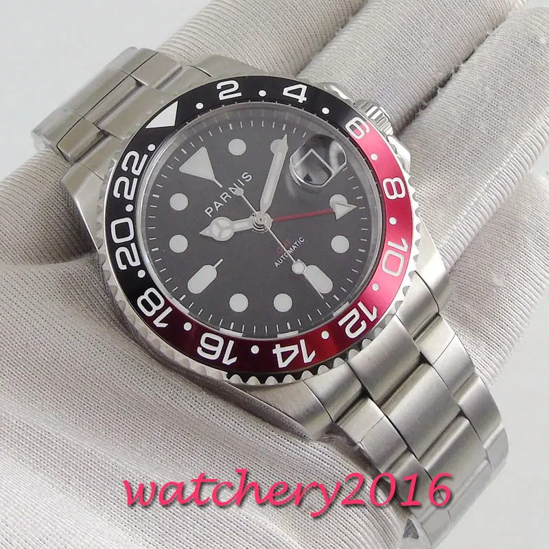 

Top Brand Luxury 40mm PARNIS Black Dial Sapphire Glass gmt Date Automatic Movement men's Watch