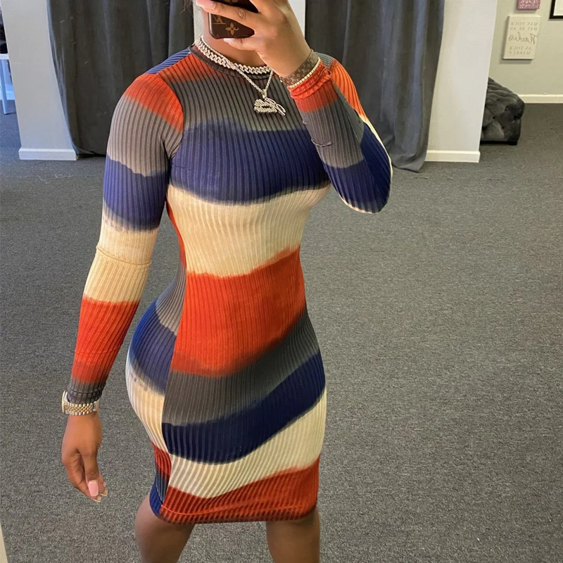 

2020 New Fashion Women Striped Printed Long Sleeve Slim Bodycon Rib Midi Dress