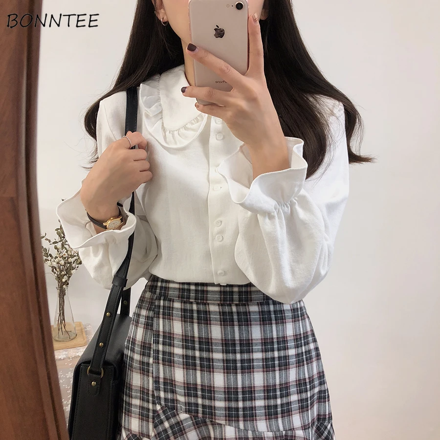 Blouses Shirts Women Solid Peter Pan Collar Flare Sleeve Elegant Sweet Harajuku Students Womens All-match OL Fashion Chic Casual