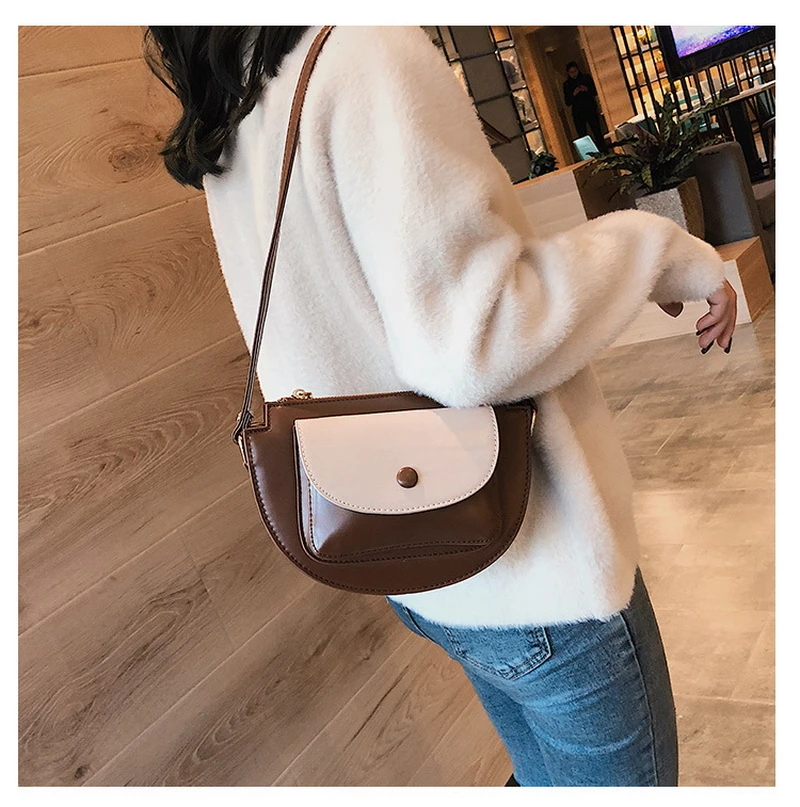 Mododiino Patchwork Saddle Bag Ladies Bag Contrast Color Shoulder Bag Simple Half Moon Women Bag Leather Crossbody Bag DNV1271