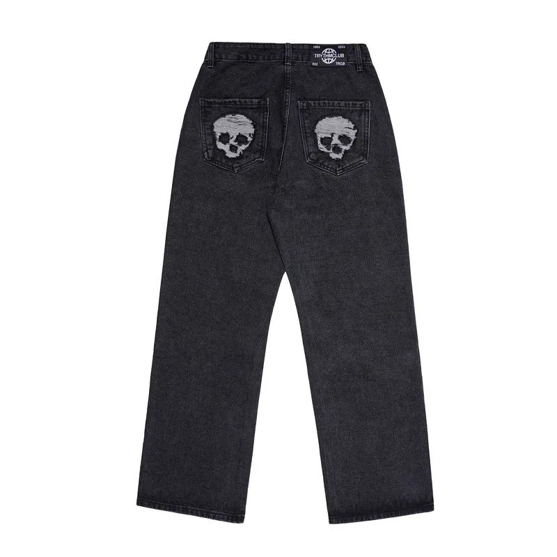 2021 New Arrival Cross Skull Embroidery Hole Ripped Men Vintage Jeans Trousers Hip Hop Oversize Straight Women Denim Wide Pants