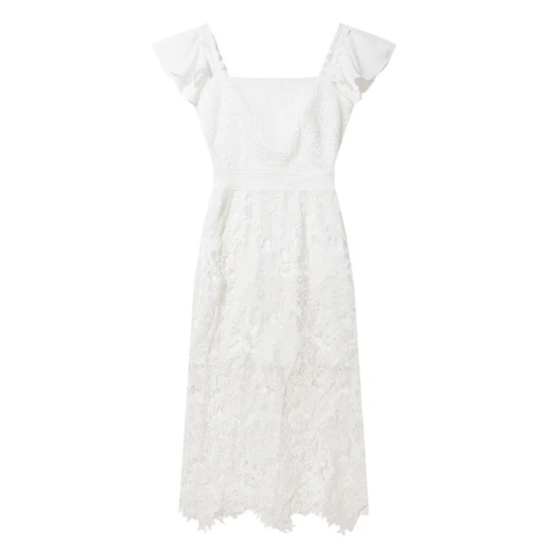 women elegant summer white eyelet dress new fashion woman clothes crochet square collar ruffle short sleeve tight | Женская одежда
