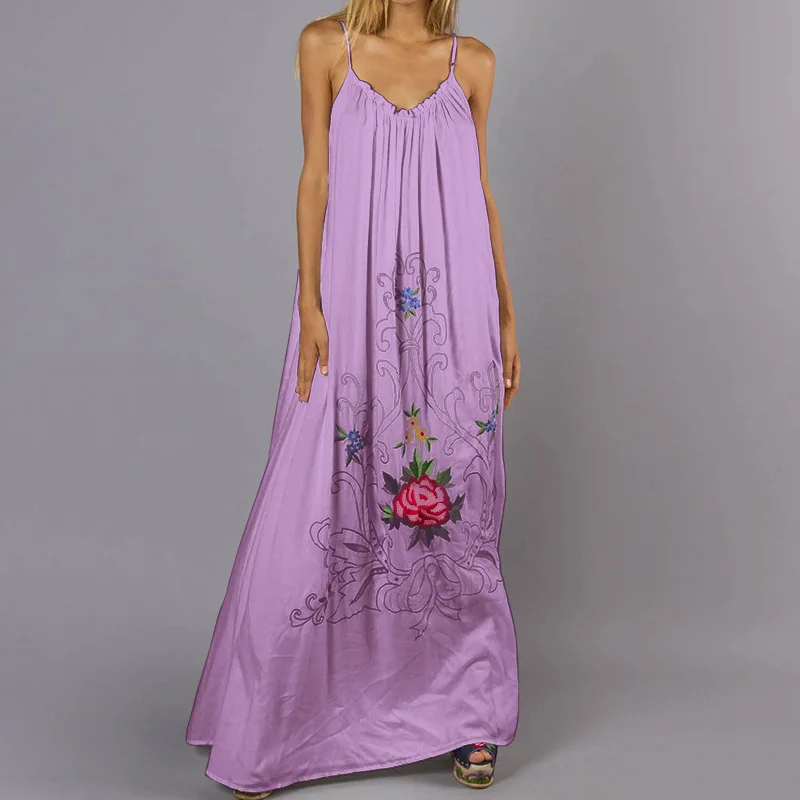 Light Purple S-5XL, сексуальное богемное платье на бретелях, женское платье с открытой спиной, повседневное Свободное длинное платье с цветочным принтом,, летние пляжные вечерние платья макси - Цвет: Light Purple