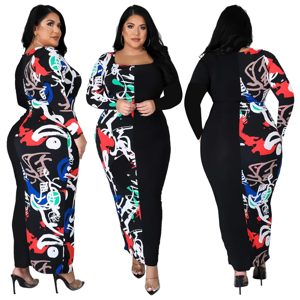 

Printed Patchwork Full Sleeve Maxi Dress for Women Bodycon Curved Skirt Square Collar Clothes Sexy Night Club Wear Plus Size 4XL