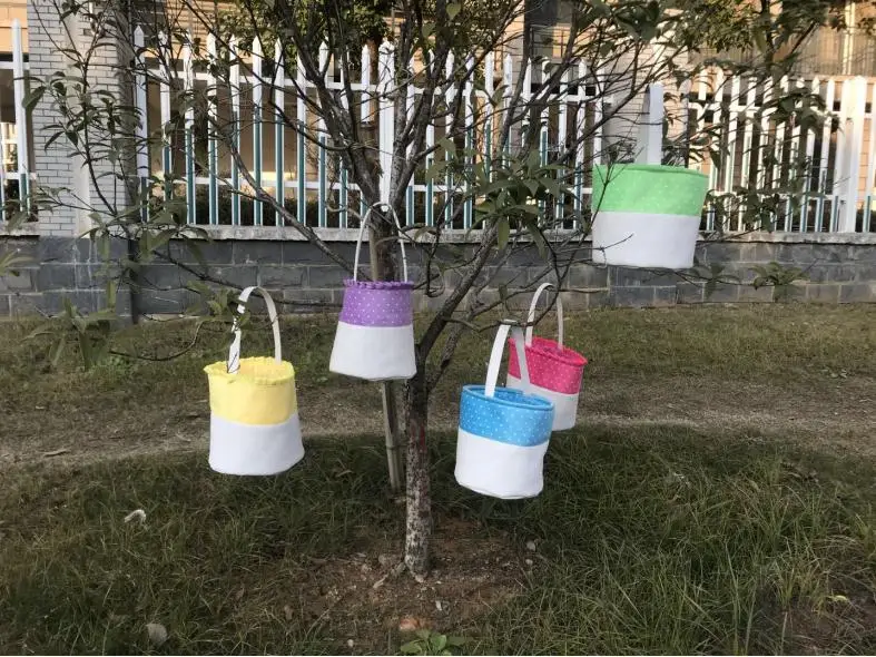 

Dhl 100pcs Personalize Hot Selling Top Quality Polka Dot Ruffle Easter Basket 5 Colors Canvas Monogram Easter Bucket Wholesale