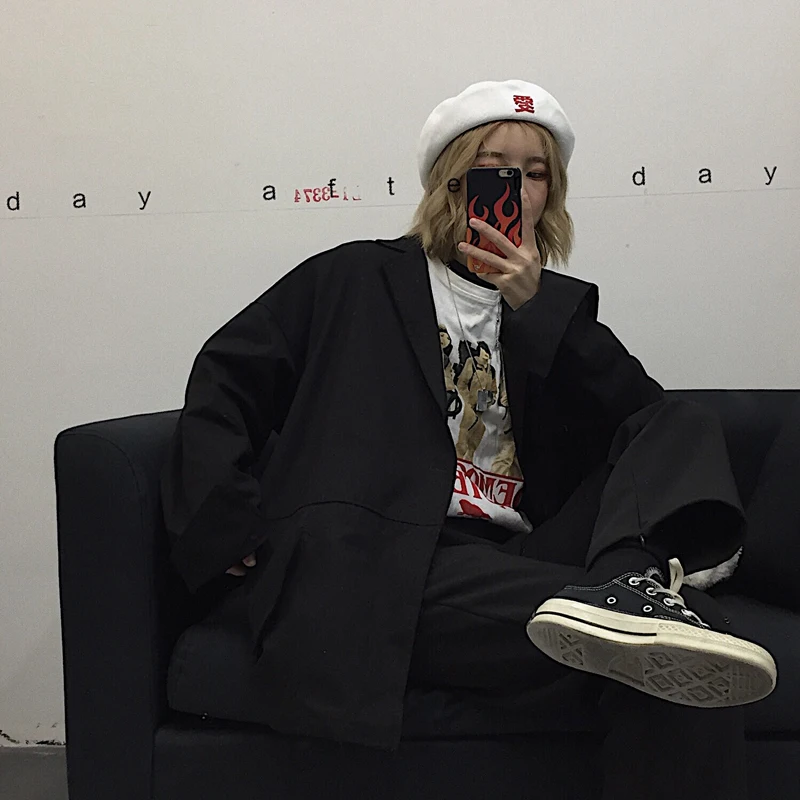 Harajuku Женская куртка уличная Ретро абстрактный принт длинный рукав Свободные пиджаки Харадзюку готический панк Мода черная верхняя одежда унисекс