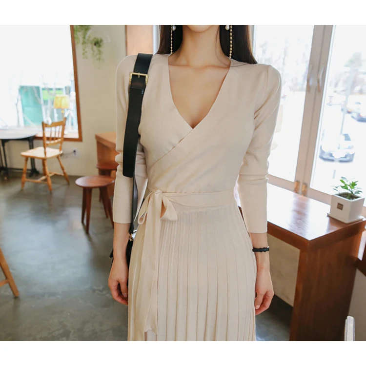 

2020 Winter Korea V-Neck Sashes Beige Knit Vestidos Women's Pleated Slim Mid-Calf Sweater Casual Dress