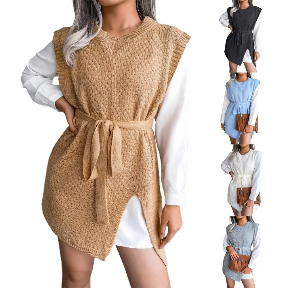 

Autumn Stylish Sweater Vest Women Vest O Neck Sleeveless Knitted Side Split Sweater Waistcoat Knitwear for Daily Wear