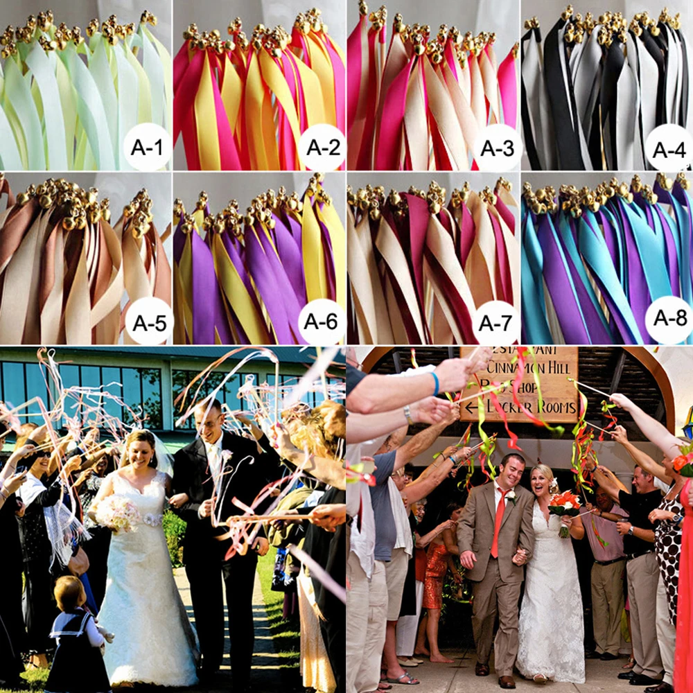 50pcs/lot Colorful ribbon Wands wedding stick with Bells for wedding decoration