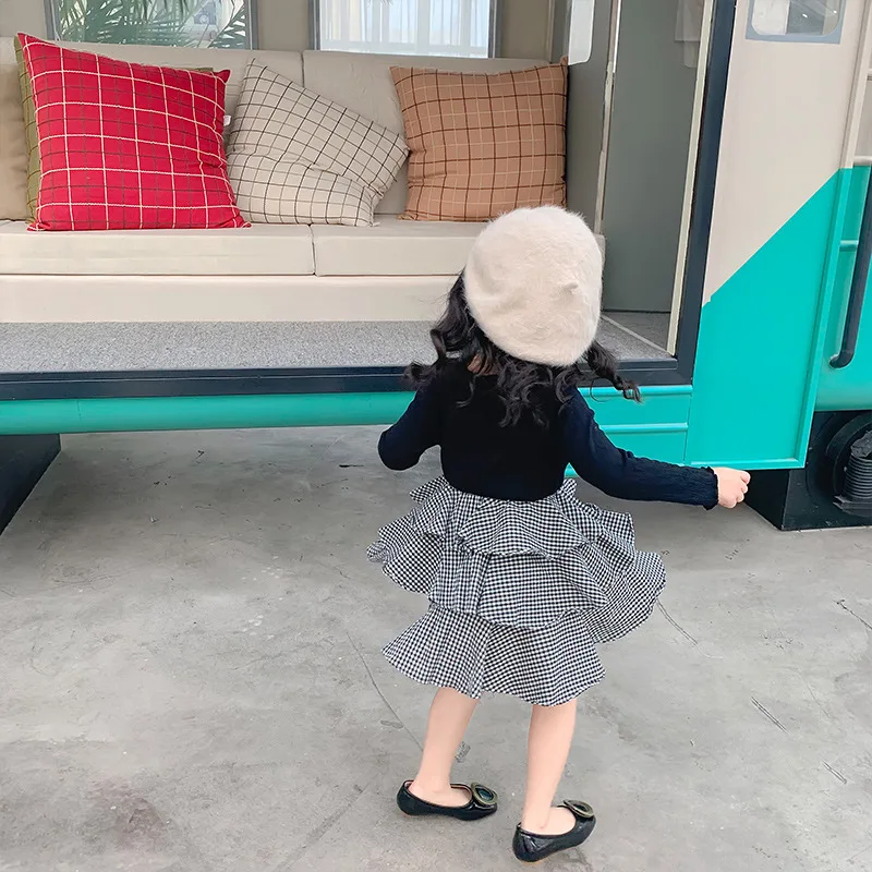 2019 Autumn New Arrival Korean style cotton matching colors princess long sleeve plaid cake dress for cute sweet baby girls | Детская