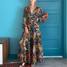 Vestido Floral de cuello redondo para mujer, ropa informal, elegante, suelta, de manga larga, para Otoño e Invierno (4)