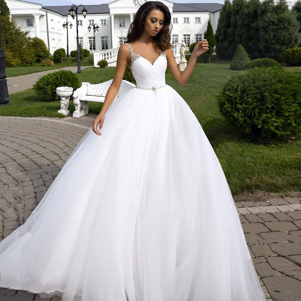 

Ball Gown Wedding Dress Sexy Beading Spaghetti Straps V Neck Ruched Backless Wedding Dresses plus size Vestido De Novia