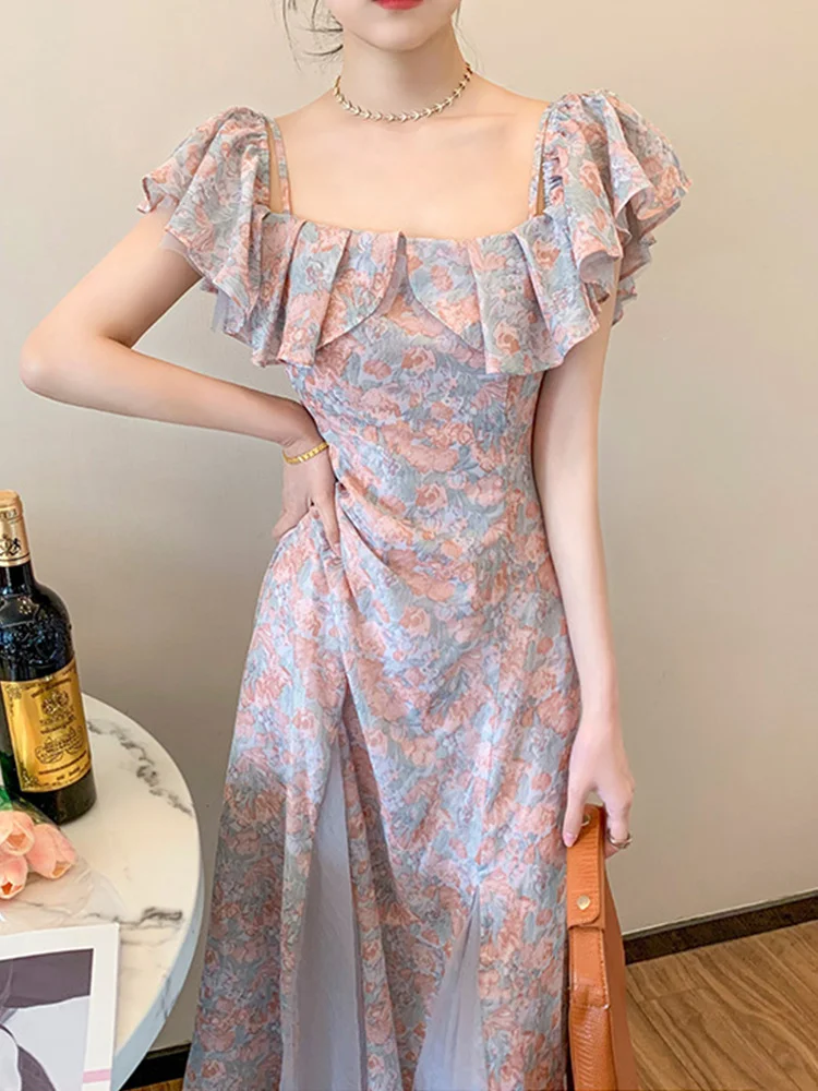

French gentle style one shoulder lotus leaf edge dress 2021 summer new sweet suspender and ankle floral skirt