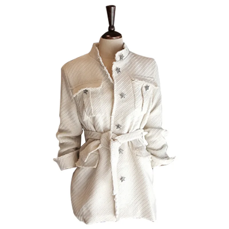 

Autumn Korean Stand Collor Sashes Slim Women Coats New Fashion Single Breasted Pockets Jackets Star Appliques Female Coat
