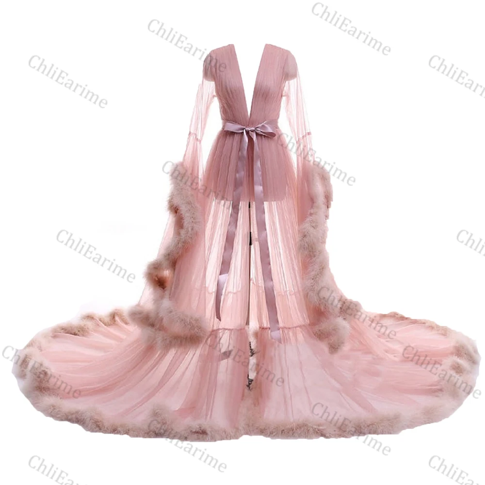 Women Sleepwear Feather Bathrobe Long Wedding Bridal Robe Scarf Illusion Nightgown Perspective Sheer Maternity Pajamas