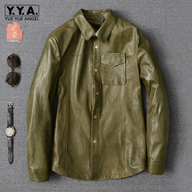 Рубашка из овчины мужская с длинным рукавом Роскошная блузка болотного цвета