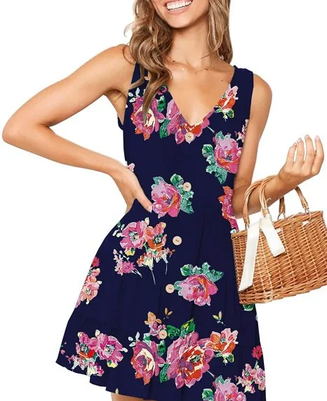 

2021 Summer V-neck Simple Print Dress Female Printing/Printing Cake Skirt Middle Skirt