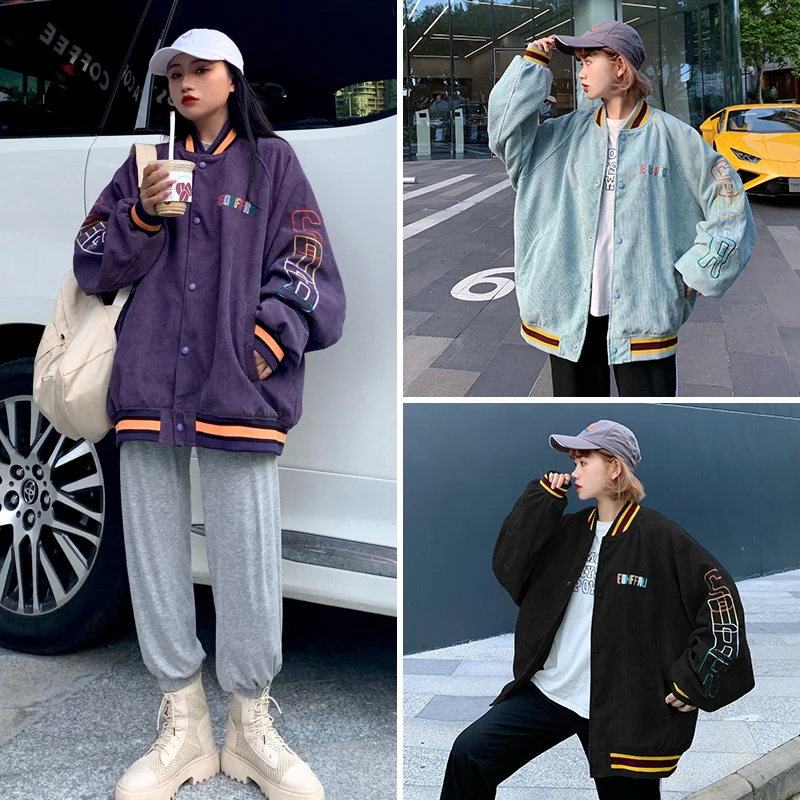 

Women 2021 Fashion Embroidery Corduroy Baseball Uniform Jacket Coat Vintage Stand Collar Long Sleeve Female Outerwear Chic Tops