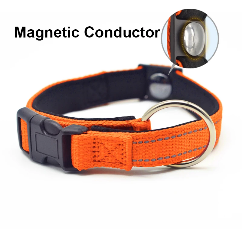 Ошейники для собак с магнитным проводом нейлоновые оранжевые светоотражающие