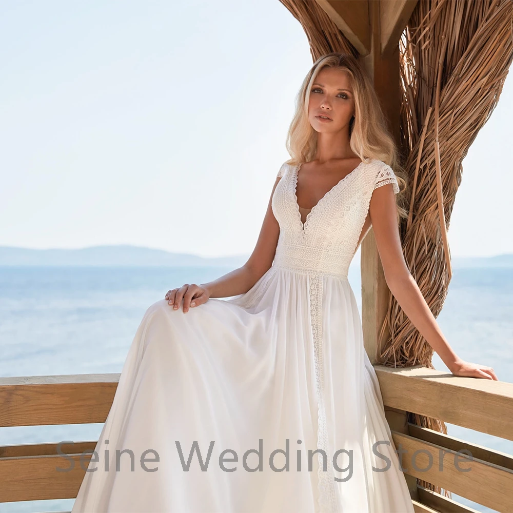 

2021 Bohemian Wedding Dress Sexy Cap Sleeve Deep V Neck Lace Chiffon Sweep Train A Line Beach Bridal Dresses Marriage Gowns